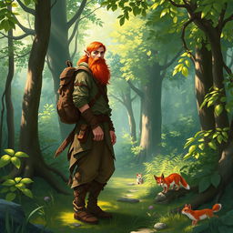 A full-length artistic portrayal of a male half-elf druid standing gracefully in a vibrant forest