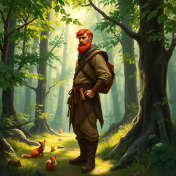 A full-length artistic portrayal of a male half-elf druid standing gracefully in a vibrant forest