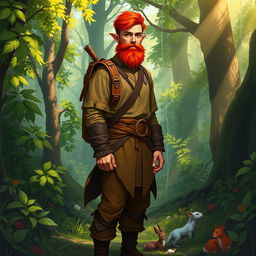 A full-length artistic portrayal of a male half-elf druid standing gracefully in a vibrant forest