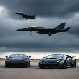 A sleek black Lamborghini and a sleek matte black fighter jet, side by side on a wide open runway, under a dramatic stormy sky.