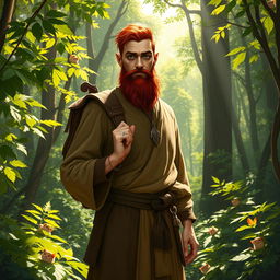 A full-length artistic portrayal of a male half-elf druid standing confidently in a lush forest