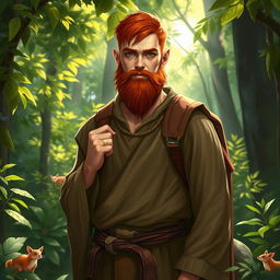 A full-length artistic portrayal of a male half-elf druid standing confidently in a lush forest