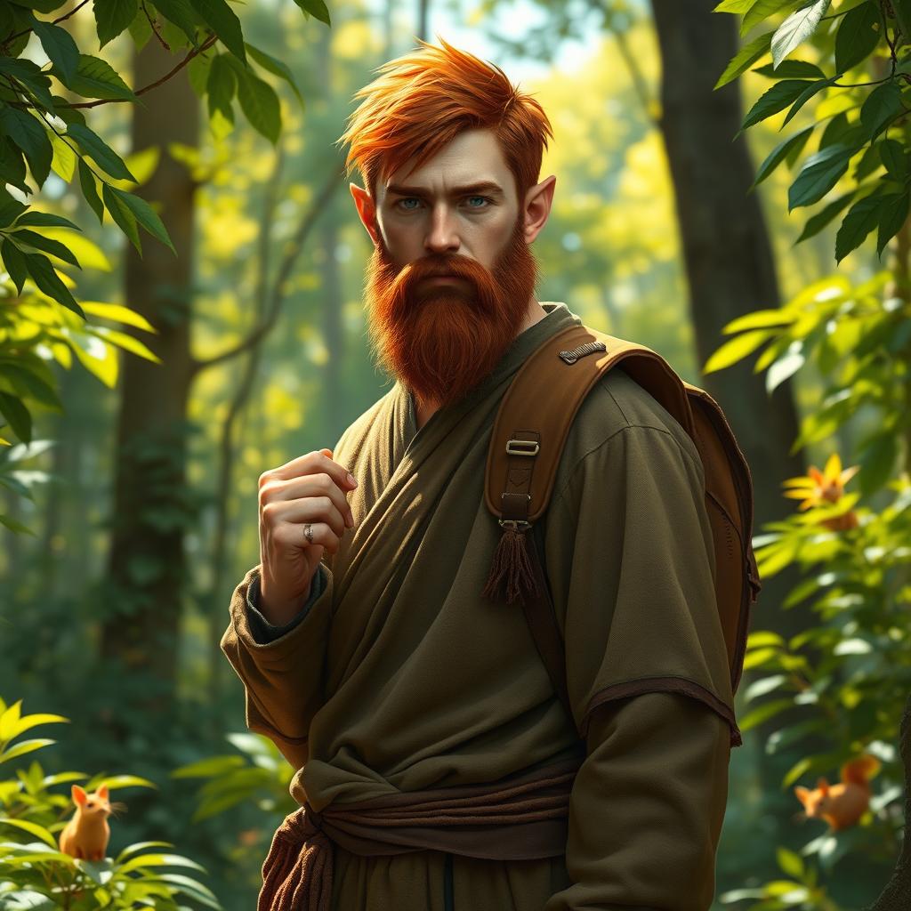 A full-length artistic portrayal of a male half-elf druid standing confidently in a lush forest