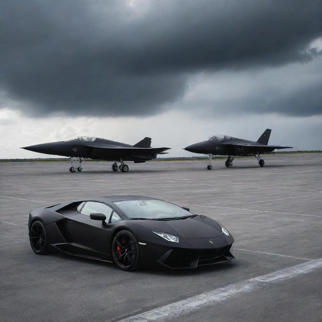 A sleek black Lamborghini and a sleek matte black fighter jet, side by side on a wide open runway, under a dramatic stormy sky.