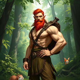 A full-length artistic representation of a muscular male half-elf druid standing confidently in a lush forest