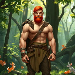 A full-length artistic representation of a muscular male half-elf druid standing confidently in a lush forest