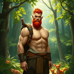 A full-length artistic representation of a muscular male half-elf druid standing confidently in a lush forest