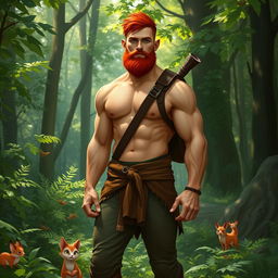 A full-length artistic representation of a muscular male half-elf druid standing confidently in a lush forest