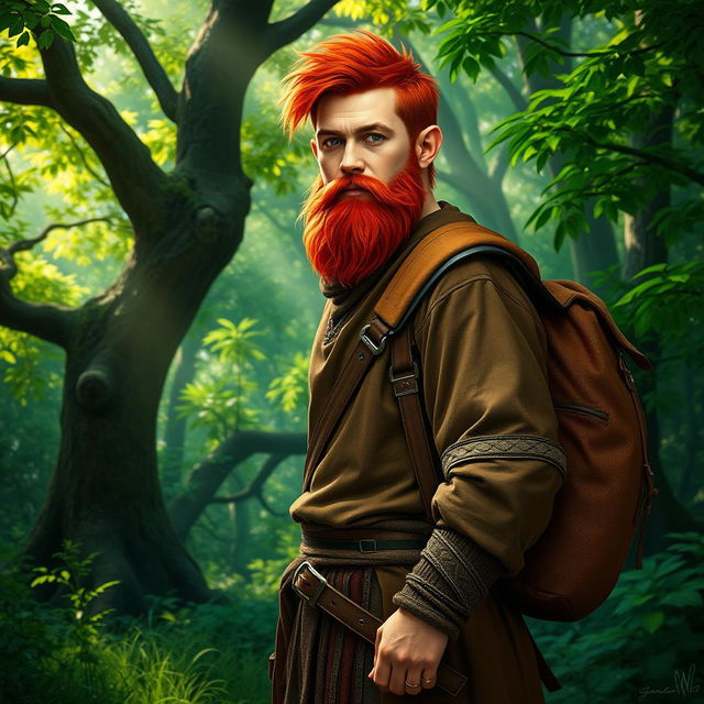 A full-length artistic representation of a male half-elf druid standing confidently in a lush, enchanting forest