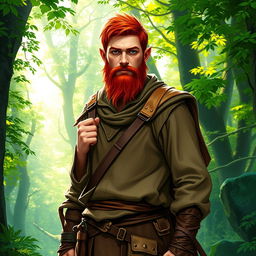 A full-length artistic representation of a male half-elf druid standing confidently in a lush, enchanting forest