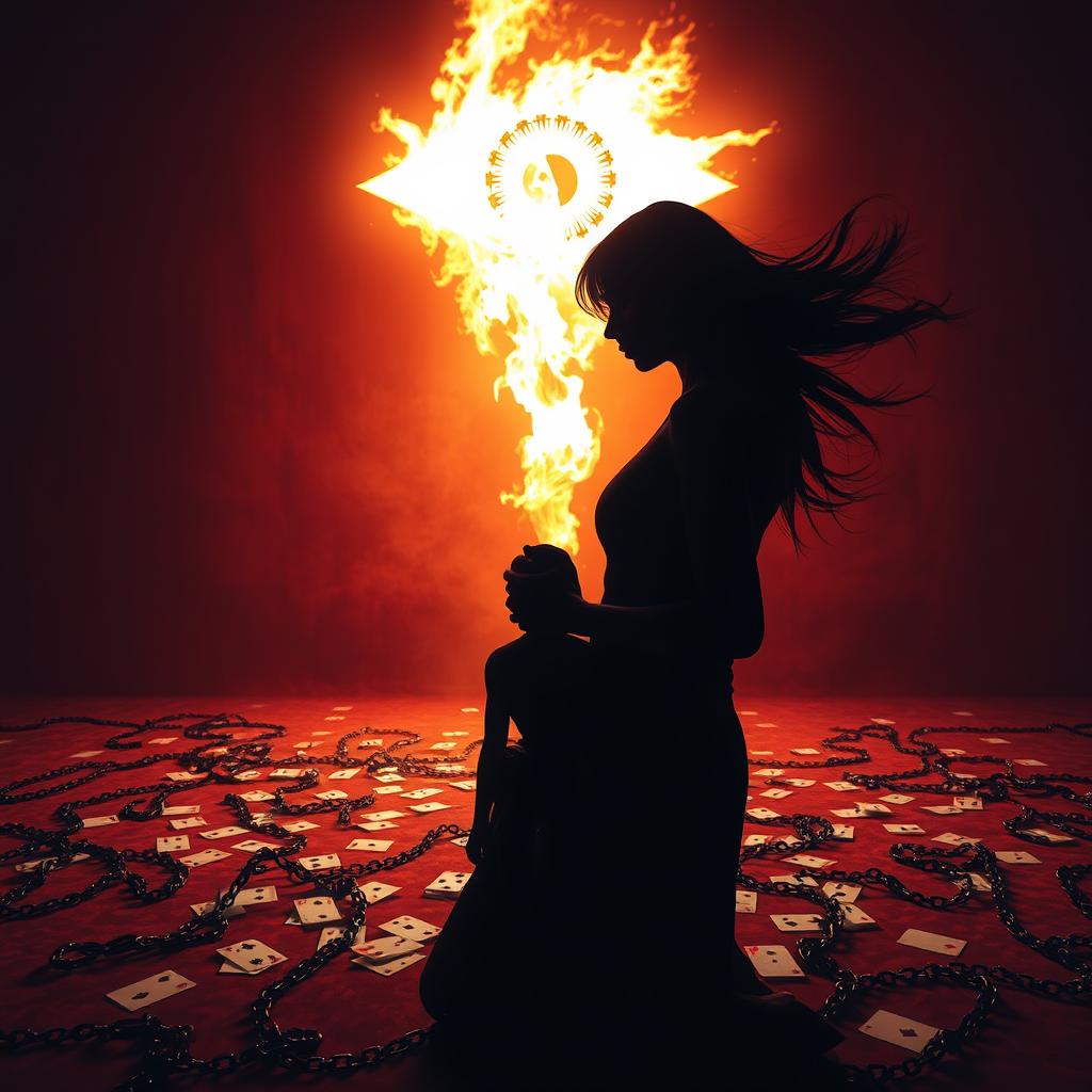 A silhouette of a woman with flowing hair, surrounded by scattered chains and playing cards