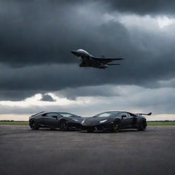 A sleek black Lamborghini and a sleek matte black fighter jet, side by side on a wide open runway, under a dramatic stormy sky.