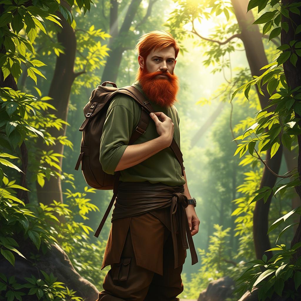 A full-length artistic depiction of a male half-elf druid standing in an enchanting forest setting