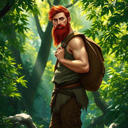 A full-length artistic depiction of a male half-elf druid standing in an enchanting forest setting