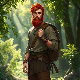 A full-length artistic depiction of a male half-elf druid standing in an enchanting forest setting