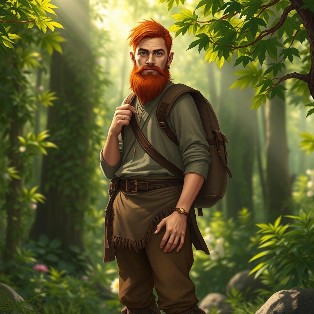 A full-length artistic depiction of a male half-elf druid standing in an enchanting forest setting