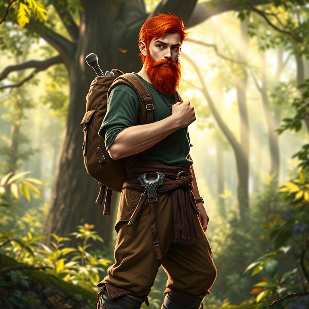 A full-length artistic depiction of a male half-elf druid standing heroically in a vibrant forest