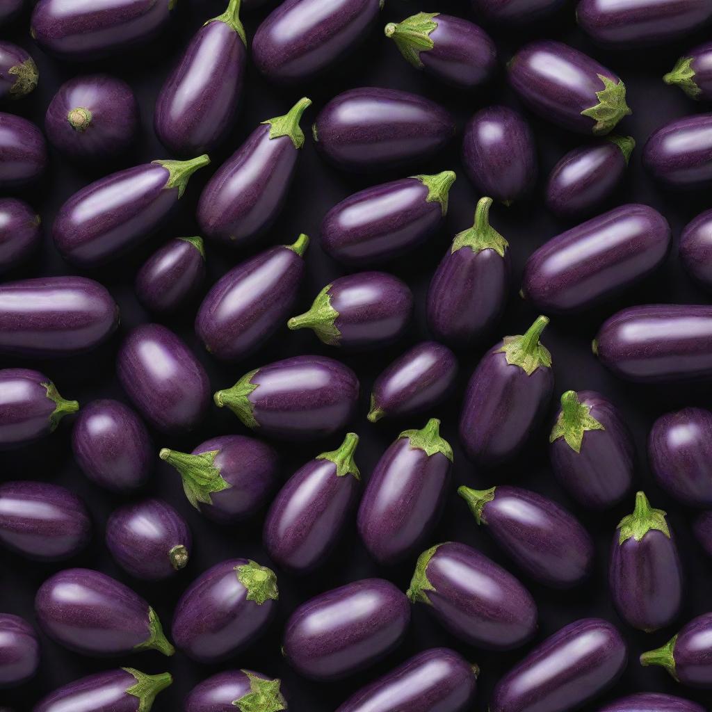 An intricate pattern composed entirely of beautiful, purple eggplants of different sizes.