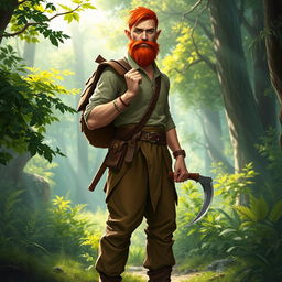 A full-length artistic depiction of a male half-elf druid standing heroically in a vibrant forest