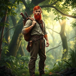 A full-length artistic depiction of a male half-elf druid standing heroically in a vibrant forest