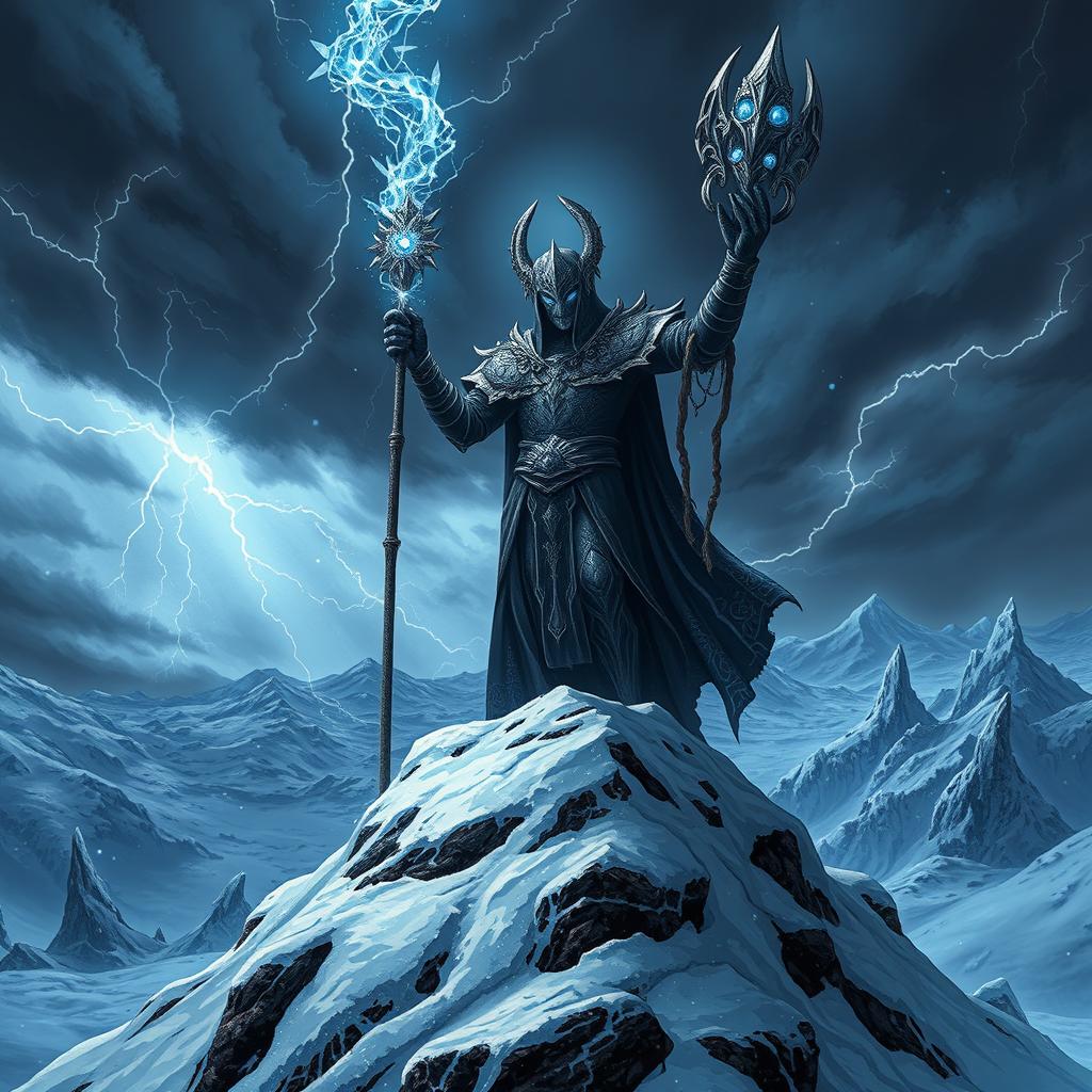 A menacing dark lord standing atop a snowy mountain peak, casting powerful spells of ice that spread across a desolate landscape