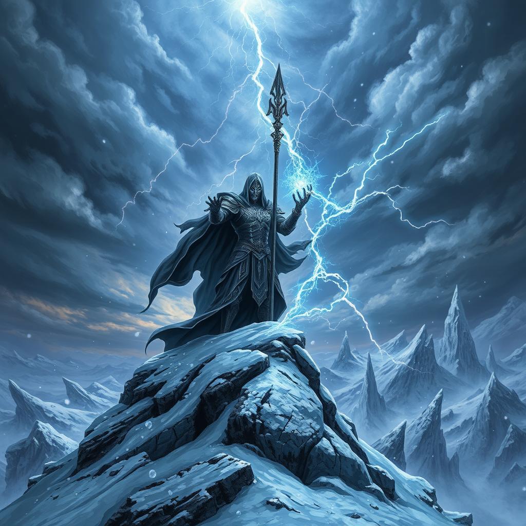 A menacing dark lord standing atop a snowy mountain peak, casting powerful spells of ice that spread across a desolate landscape