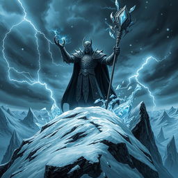 A menacing dark lord standing atop a snowy mountain peak, casting powerful spells of ice that spread across a desolate landscape