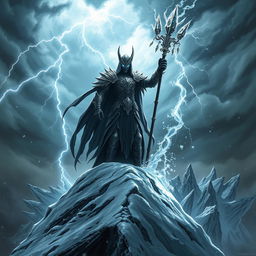 A menacing dark lord standing atop a snowy mountain peak, casting powerful spells of ice that spread across a desolate landscape