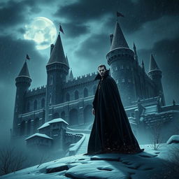 A dark, foreboding castle shrouded in a cold winter storm, with heavy snowflakes swirling through the air