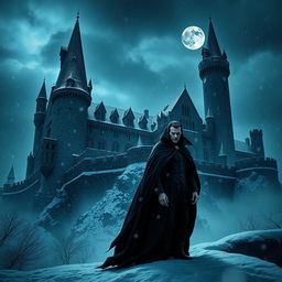 A dark, foreboding castle shrouded in a cold winter storm, with heavy snowflakes swirling through the air