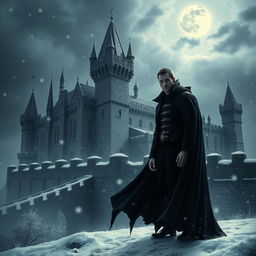 A dark, foreboding castle shrouded in a cold winter storm, with heavy snowflakes swirling through the air