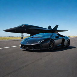 A polished black Lamborghini and a powerful matte black fighter jet together on a tarmac under a clear azure sky.