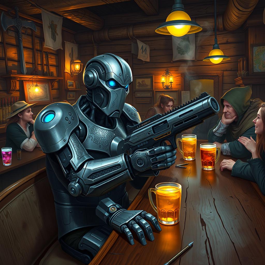 A Warforged artificer, a unique humanoid robot character, seated casually at a rustic wooden bar filled with a variety of adventurers like elves, dwarves, and humans