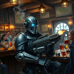 A Warforged artificer, a unique humanoid robot character, seated casually at a rustic wooden bar filled with a variety of adventurers like elves, dwarves, and humans