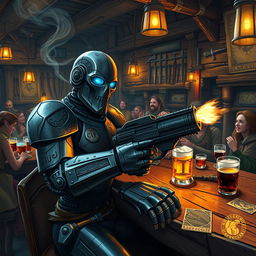 A Warforged artificer, a unique humanoid robot character, seated casually at a rustic wooden bar filled with a variety of adventurers like elves, dwarves, and humans