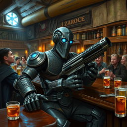 A Warforged artificer, a unique humanoid robot character, seated casually at a rustic wooden bar filled with a variety of adventurers like elves, dwarves, and humans