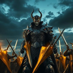 A fierce vampire warrior clad in ornate black and silver armor, adorned with intricate gothic designs, stands poised on a battlefield