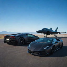 A polished black Lamborghini and a powerful matte black fighter jet together on a tarmac under a clear azure sky.