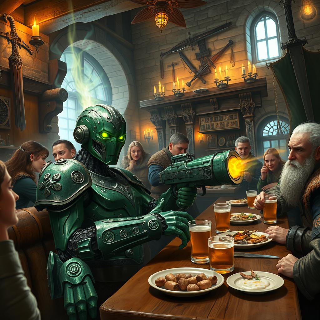 A green-colored Warforged artificer, an advanced humanoid robot character, is sitting comfortably at a medieval-style bar filled with a diverse array of adventurers including elves, dwarves, and humans