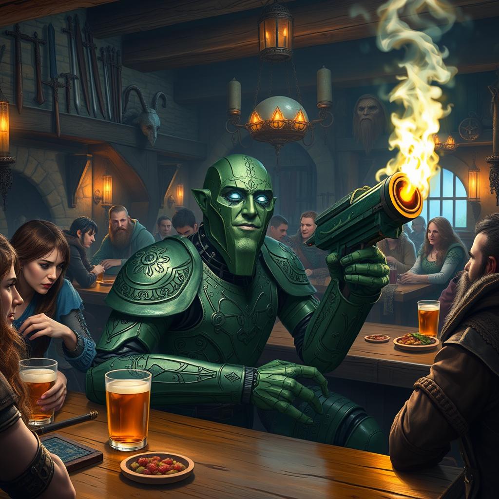 A green-colored Warforged artificer, an advanced humanoid robot character, is sitting comfortably at a medieval-style bar filled with a diverse array of adventurers including elves, dwarves, and humans