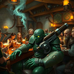 A green-colored Warforged artificer, an advanced humanoid robot character, is sitting comfortably at a medieval-style bar filled with a diverse array of adventurers including elves, dwarves, and humans