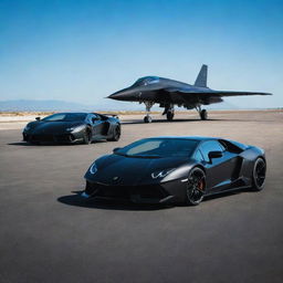 A polished black Lamborghini and a powerful matte black fighter jet together on a tarmac under a clear azure sky.