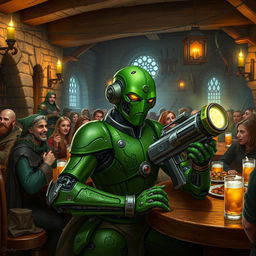 A green-colored Warforged artificer with a sleek mechanical design, featuring only two arms, is leisurely sitting at a medieval-style bar filled with a colorful gathering of adventurers including elves, dwarves, and humans