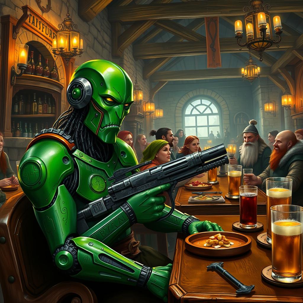 A green-colored Warforged artificer with a sleek mechanical design, featuring only two arms, is leisurely sitting at a medieval-style bar filled with a colorful gathering of adventurers including elves, dwarves, and humans