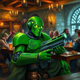 A green-colored Warforged artificer with a sleek mechanical design, featuring only two arms, is leisurely sitting at a medieval-style bar filled with a colorful gathering of adventurers including elves, dwarves, and humans