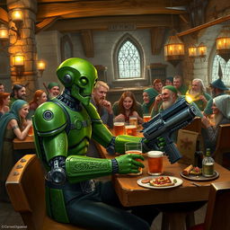 A green-colored Warforged artificer with a sleek mechanical design, featuring only two arms, is leisurely sitting at a medieval-style bar filled with a colorful gathering of adventurers including elves, dwarves, and humans