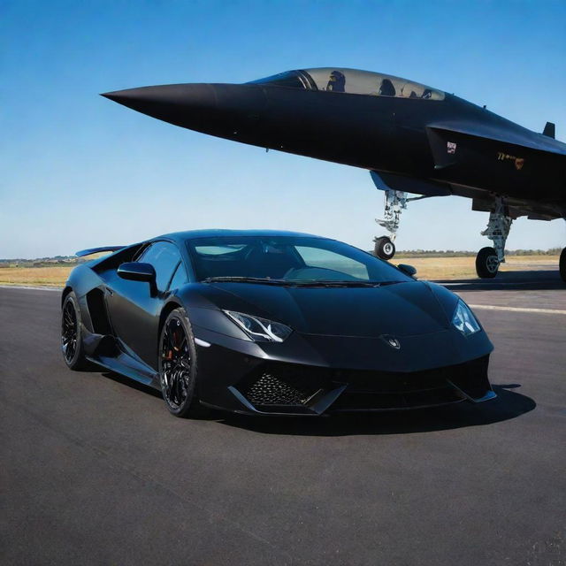 A polished black Lamborghini and a powerful matte black fighter jet together on a tarmac under a clear azure sky.