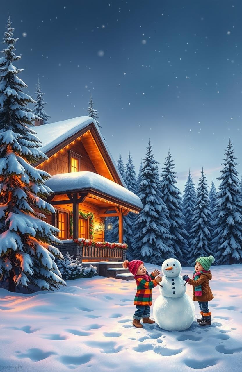 A serene and picturesque winter scene, featuring a charming wooden cabin adorned with vibrant holiday decorations nestled amidst snow-covered evergreen trees