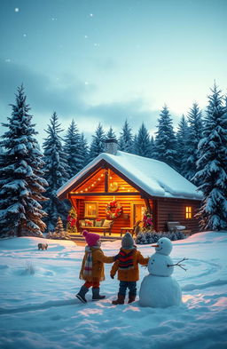 A serene and picturesque winter scene, featuring a charming wooden cabin adorned with vibrant holiday decorations nestled amidst snow-covered evergreen trees