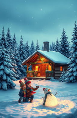 A serene and picturesque winter scene, featuring a charming wooden cabin adorned with vibrant holiday decorations nestled amidst snow-covered evergreen trees